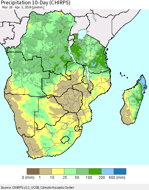 Southern Africa Precipitation 10-Day (CHIRPS) Thematic Map For 3/26/2024 - 4/5/2024