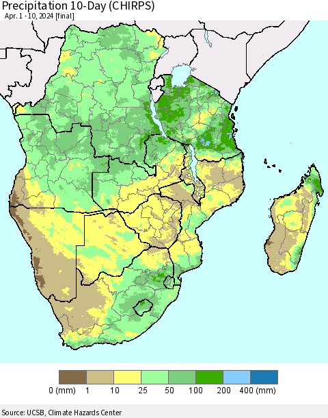 Southern Africa Precipitation 10-Day (CHIRPS) Thematic Map For 4/1/2024 - 4/10/2024