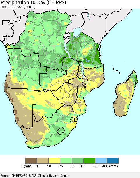 Southern Africa Precipitation 10-Day (CHIRPS) Thematic Map For 4/1/2024 - 4/10/2024