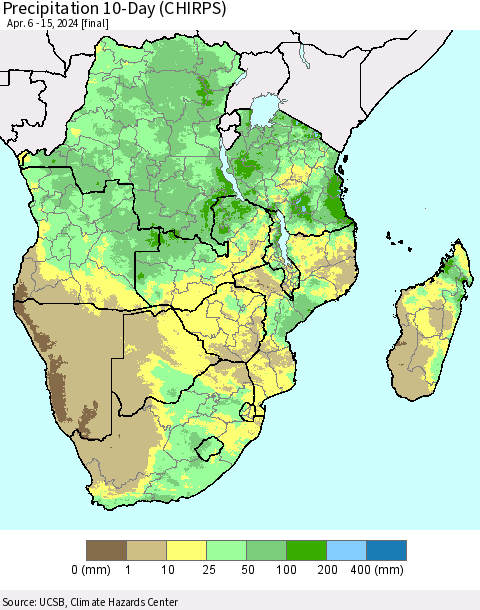 Southern Africa Precipitation 10-Day (CHIRPS) Thematic Map For 4/6/2024 - 4/15/2024