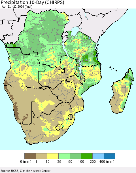Southern Africa Precipitation 10-Day (CHIRPS) Thematic Map For 4/11/2024 - 4/20/2024