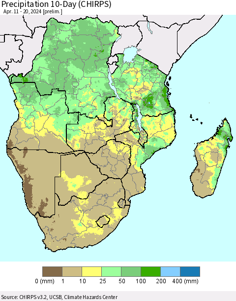 Southern Africa Precipitation 10-Day (CHIRPS) Thematic Map For 4/11/2024 - 4/20/2024