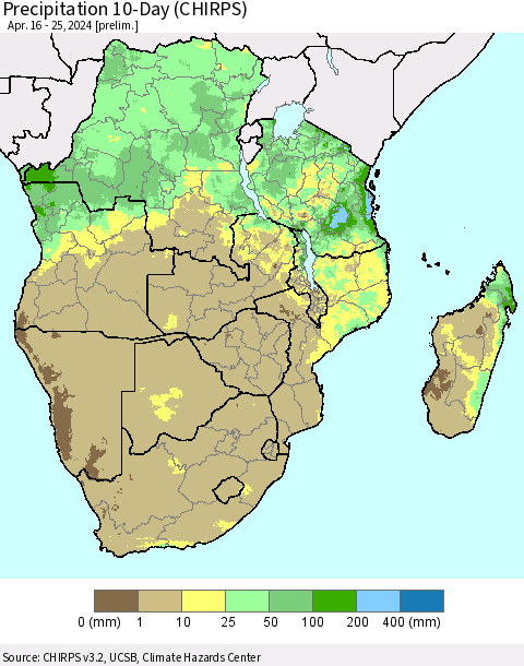 Southern Africa Precipitation 10-Day (CHIRPS) Thematic Map For 4/16/2024 - 4/25/2024