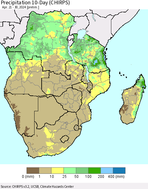 Southern Africa Precipitation 10-Day (CHIRPS) Thematic Map For 4/21/2024 - 4/30/2024