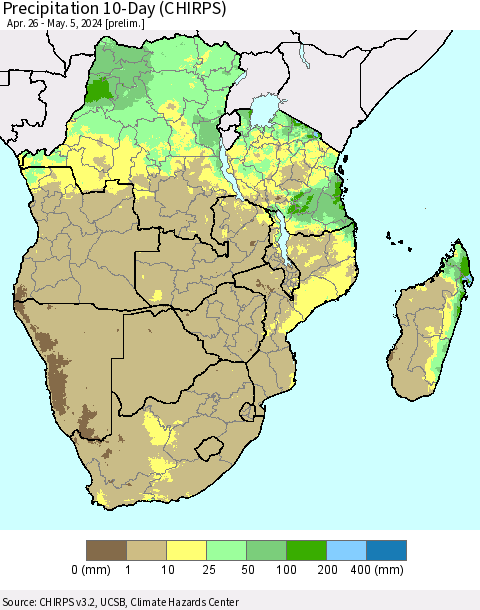 Southern Africa Precipitation 10-Day (CHIRPS) Thematic Map For 4/26/2024 - 5/5/2024