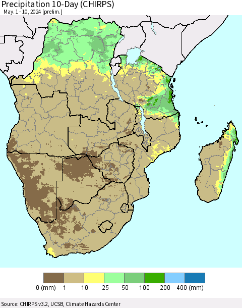 Southern Africa Precipitation 10-Day (CHIRPS) Thematic Map For 5/1/2024 - 5/10/2024