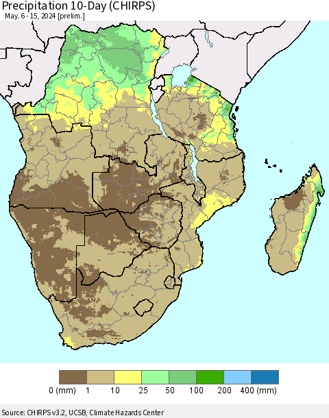 Southern Africa Precipitation 10-Day (CHIRPS) Thematic Map For 5/6/2024 - 5/15/2024