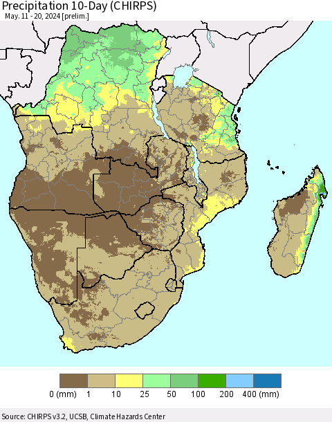 Southern Africa Precipitation 10-Day (CHIRPS) Thematic Map For 5/11/2024 - 5/20/2024