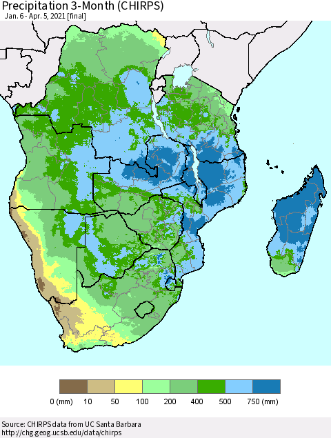 Southern Africa Precipitation 3-Month (CHIRPS) Thematic Map For 1/6/2021 - 4/5/2021