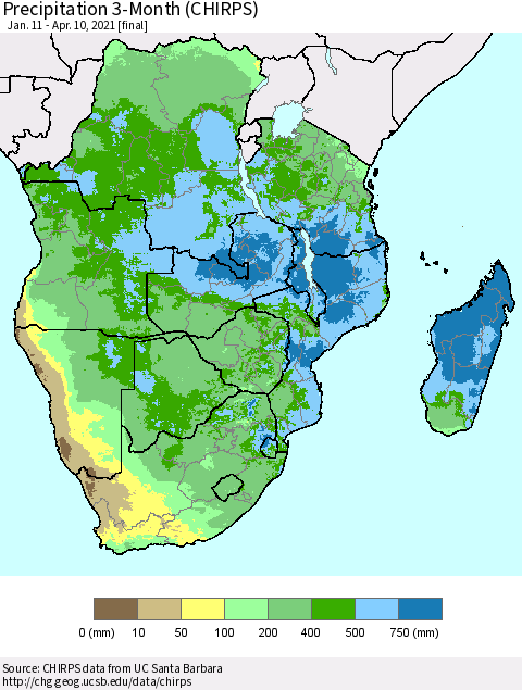 Southern Africa Precipitation 3-Month (CHIRPS) Thematic Map For 1/11/2021 - 4/10/2021