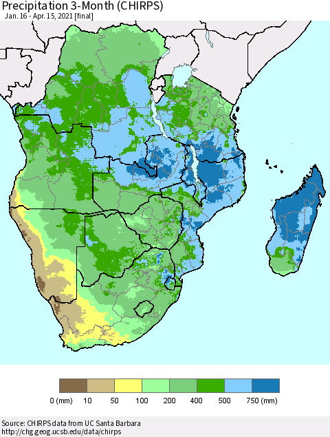 Southern Africa Precipitation 3-Month (CHIRPS) Thematic Map For 1/16/2021 - 4/15/2021