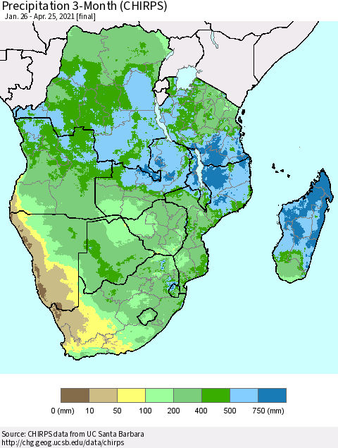 Southern Africa Precipitation 3-Month (CHIRPS) Thematic Map For 1/26/2021 - 4/25/2021