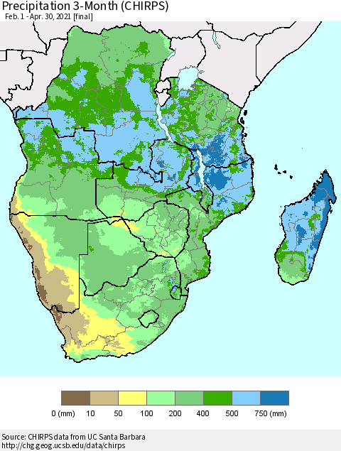 Southern Africa Precipitation 3-Month (CHIRPS) Thematic Map For 2/1/2021 - 4/30/2021