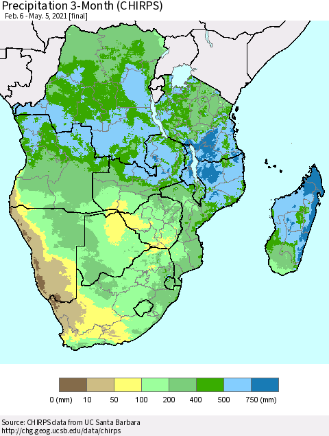 Southern Africa Precipitation 3-Month (CHIRPS) Thematic Map For 2/6/2021 - 5/5/2021