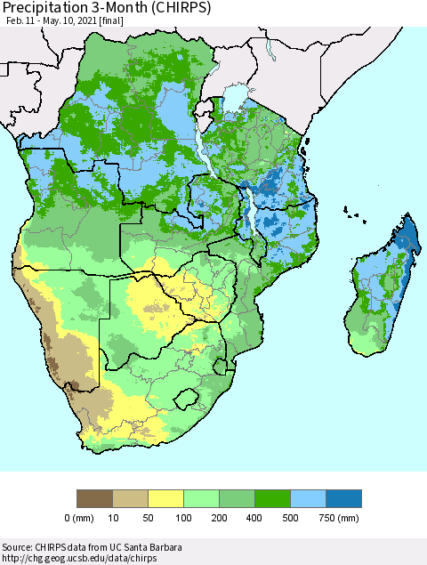 Southern Africa Precipitation 3-Month (CHIRPS) Thematic Map For 2/11/2021 - 5/10/2021