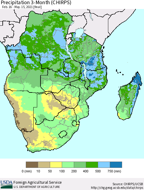 Southern Africa Precipitation 3-Month (CHIRPS) Thematic Map For 2/16/2021 - 5/15/2021