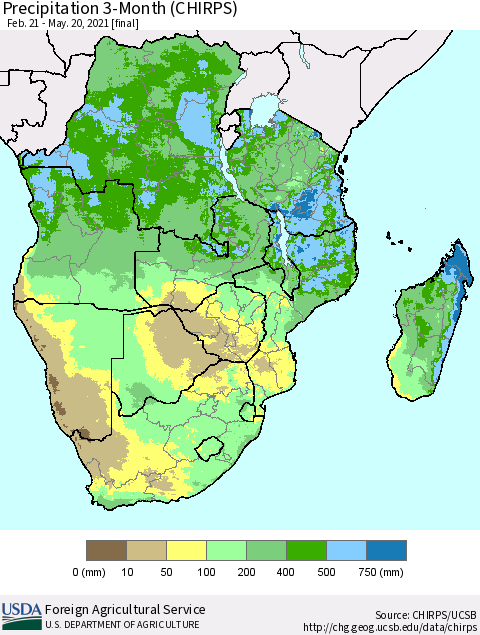 Southern Africa Precipitation 3-Month (CHIRPS) Thematic Map For 2/21/2021 - 5/20/2021