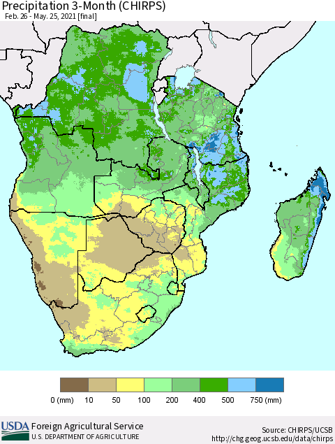 Southern Africa Precipitation 3-Month (CHIRPS) Thematic Map For 2/26/2021 - 5/25/2021