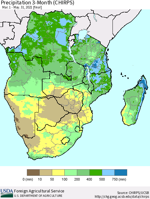 Southern Africa Precipitation 3-Month (CHIRPS) Thematic Map For 3/1/2021 - 5/31/2021