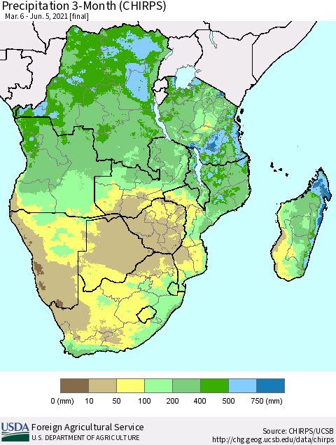 Southern Africa Precipitation 3-Month (CHIRPS) Thematic Map For 3/6/2021 - 6/5/2021