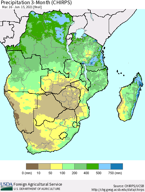 Southern Africa Precipitation 3-Month (CHIRPS) Thematic Map For 3/16/2021 - 6/15/2021