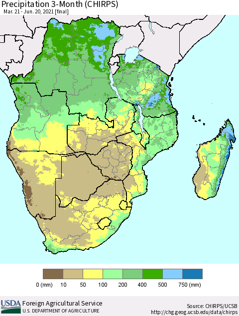 Southern Africa Precipitation 3-Month (CHIRPS) Thematic Map For 3/21/2021 - 6/20/2021