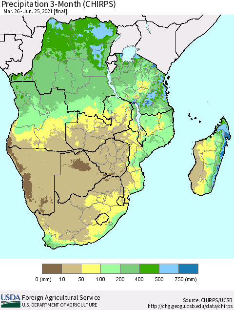 Southern Africa Precipitation 3-Month (CHIRPS) Thematic Map For 3/26/2021 - 6/25/2021