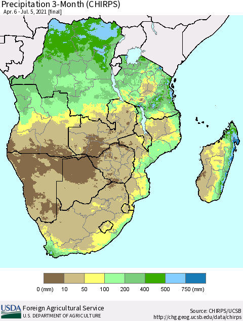 Southern Africa Precipitation 3-Month (CHIRPS) Thematic Map For 4/6/2021 - 7/5/2021