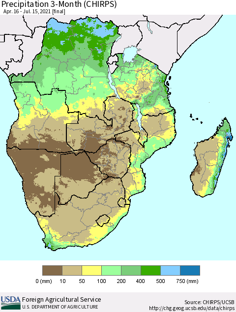 Southern Africa Precipitation 3-Month (CHIRPS) Thematic Map For 4/16/2021 - 7/15/2021