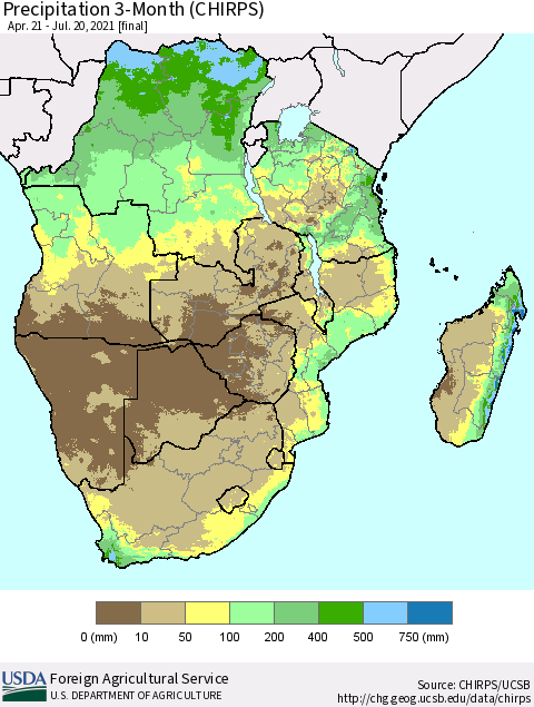 Southern Africa Precipitation 3-Month (CHIRPS) Thematic Map For 4/21/2021 - 7/20/2021