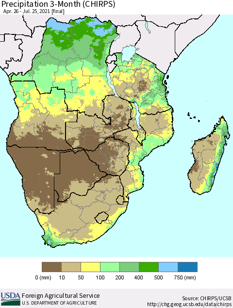 Southern Africa Precipitation 3-Month (CHIRPS) Thematic Map For 4/26/2021 - 7/25/2021