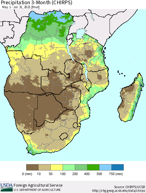 Southern Africa Precipitation 3-Month (CHIRPS) Thematic Map For 5/1/2021 - 7/31/2021