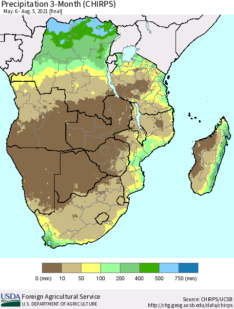Southern Africa Precipitation 3-Month (CHIRPS) Thematic Map For 5/6/2021 - 8/5/2021