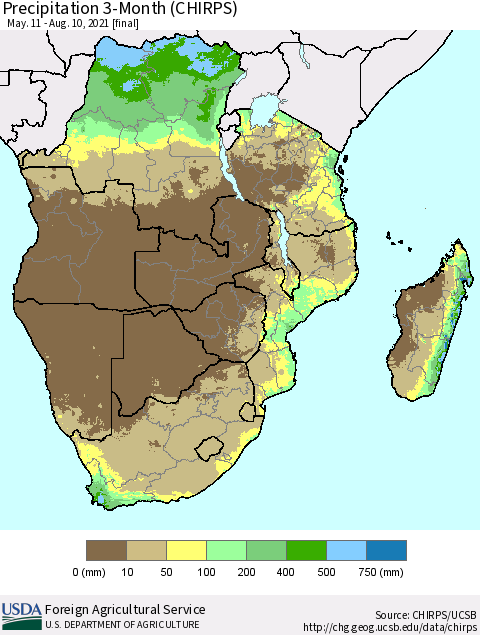 Southern Africa Precipitation 3-Month (CHIRPS) Thematic Map For 5/11/2021 - 8/10/2021