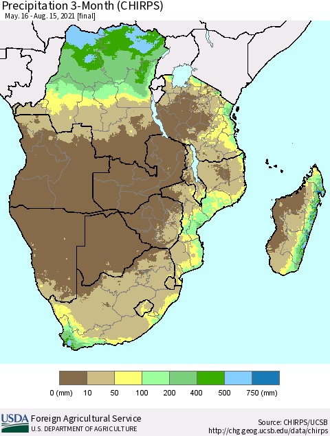 Southern Africa Precipitation 3-Month (CHIRPS) Thematic Map For 5/16/2021 - 8/15/2021