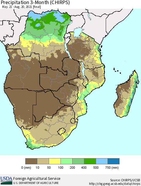 Southern Africa Precipitation 3-Month (CHIRPS) Thematic Map For 5/21/2021 - 8/20/2021