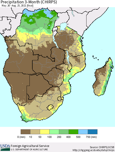 Southern Africa Precipitation 3-Month (CHIRPS) Thematic Map For 5/26/2021 - 8/25/2021