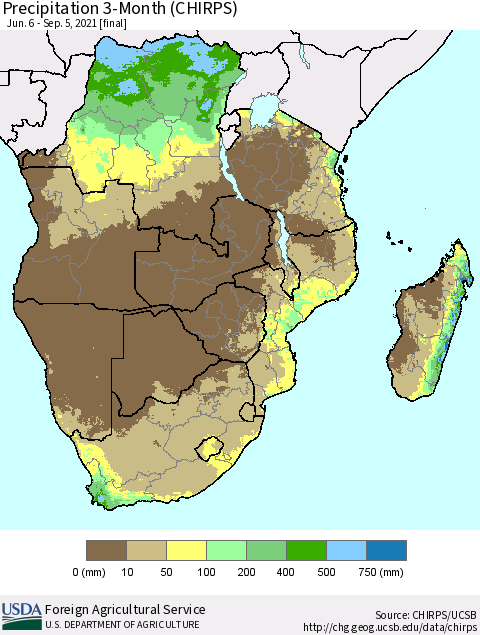 Southern Africa Precipitation 3-Month (CHIRPS) Thematic Map For 6/6/2021 - 9/5/2021