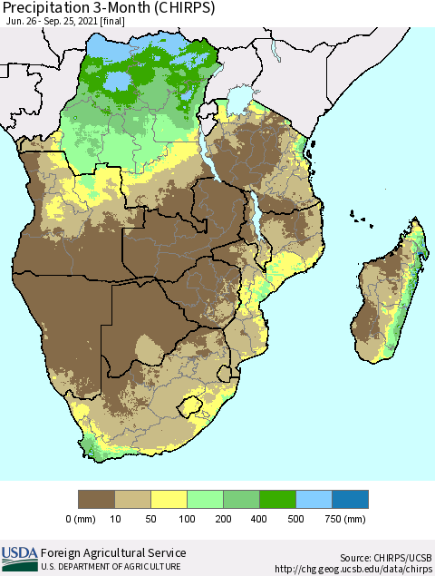 Southern Africa Precipitation 3-Month (CHIRPS) Thematic Map For 6/26/2021 - 9/25/2021