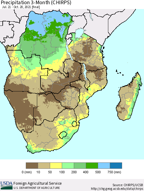 Southern Africa Precipitation 3-Month (CHIRPS) Thematic Map For 7/21/2021 - 10/20/2021