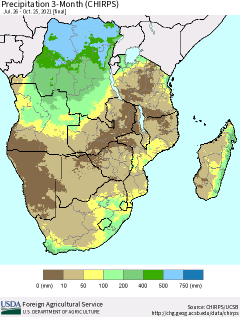 Southern Africa Precipitation 3-Month (CHIRPS) Thematic Map For 7/26/2021 - 10/25/2021