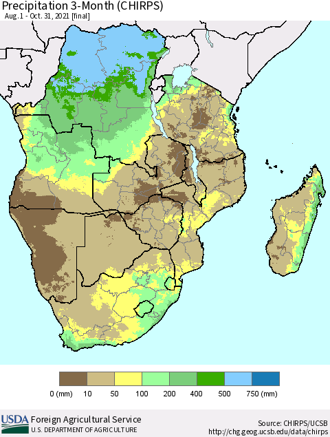 Southern Africa Precipitation 3-Month (CHIRPS) Thematic Map For 8/1/2021 - 10/31/2021