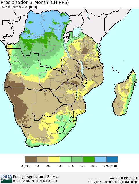 Southern Africa Precipitation 3-Month (CHIRPS) Thematic Map For 8/6/2021 - 11/5/2021