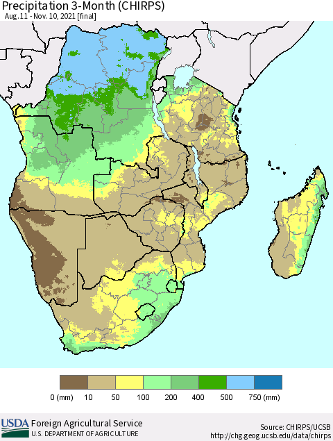 Southern Africa Precipitation 3-Month (CHIRPS) Thematic Map For 8/11/2021 - 11/10/2021