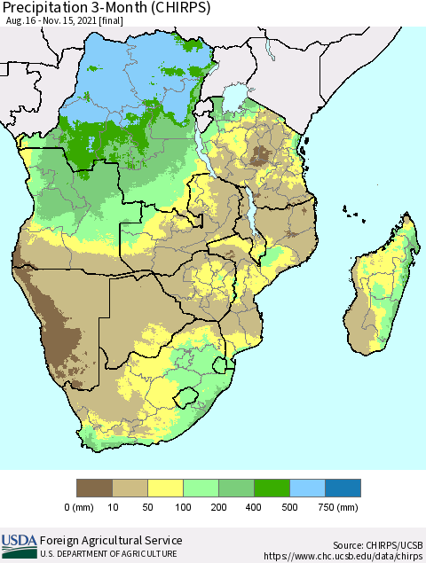 Southern Africa Precipitation 3-Month (CHIRPS) Thematic Map For 8/16/2021 - 11/15/2021