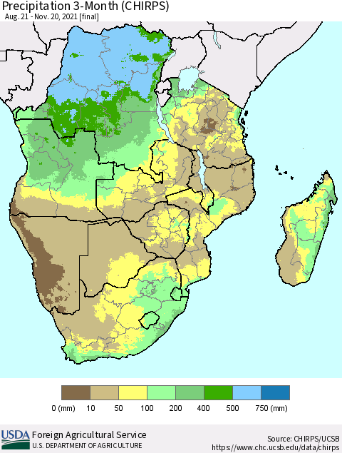 Southern Africa Precipitation 3-Month (CHIRPS) Thematic Map For 8/21/2021 - 11/20/2021