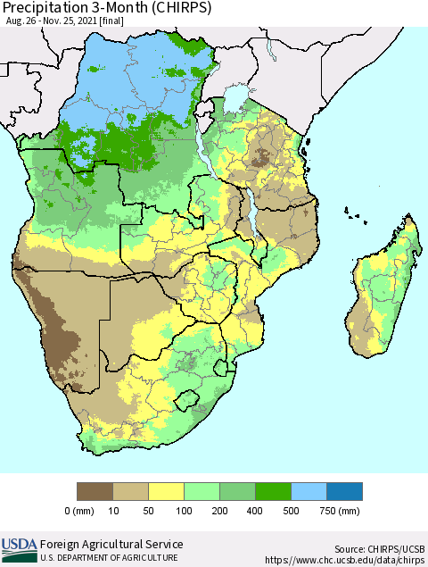 Southern Africa Precipitation 3-Month (CHIRPS) Thematic Map For 8/26/2021 - 11/25/2021