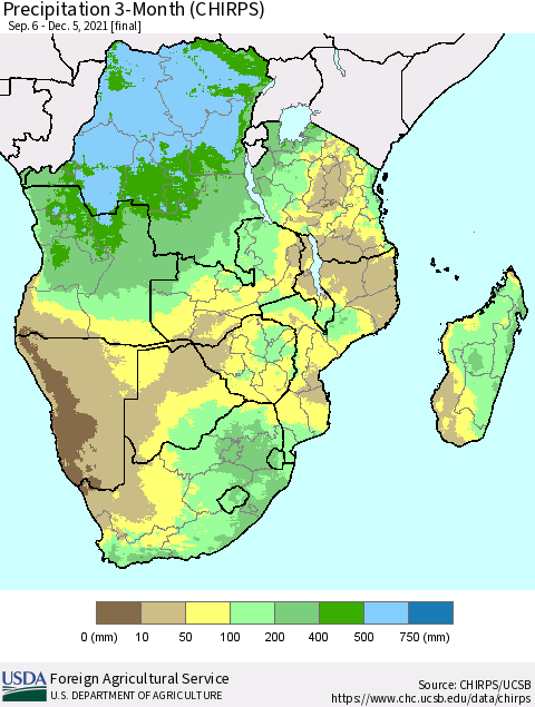 Southern Africa Precipitation 3-Month (CHIRPS) Thematic Map For 9/6/2021 - 12/5/2021
