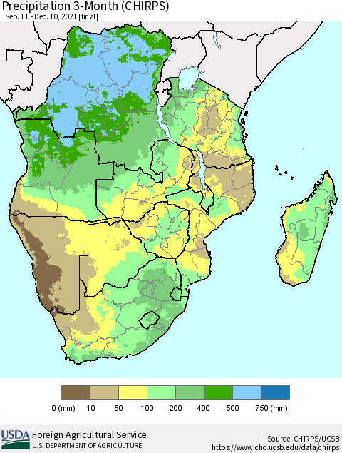 Southern Africa Precipitation 3-Month (CHIRPS) Thematic Map For 9/11/2021 - 12/10/2021