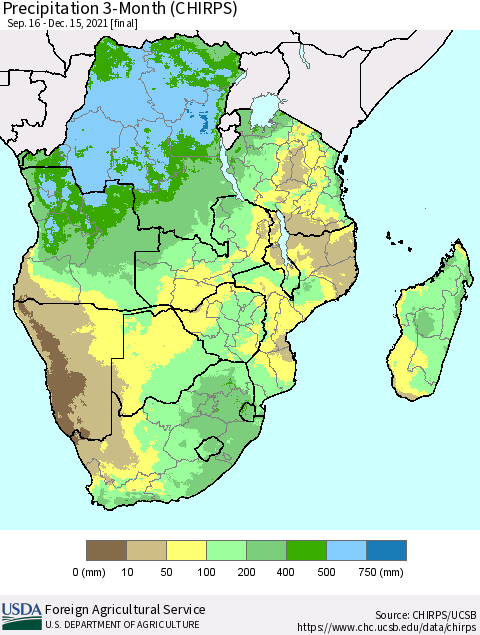 Southern Africa Precipitation 3-Month (CHIRPS) Thematic Map For 9/16/2021 - 12/15/2021